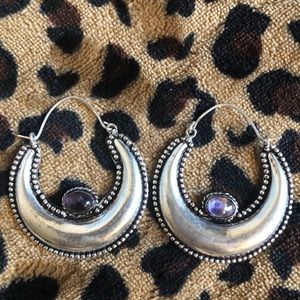 Silver amethyst crescent moon earrings